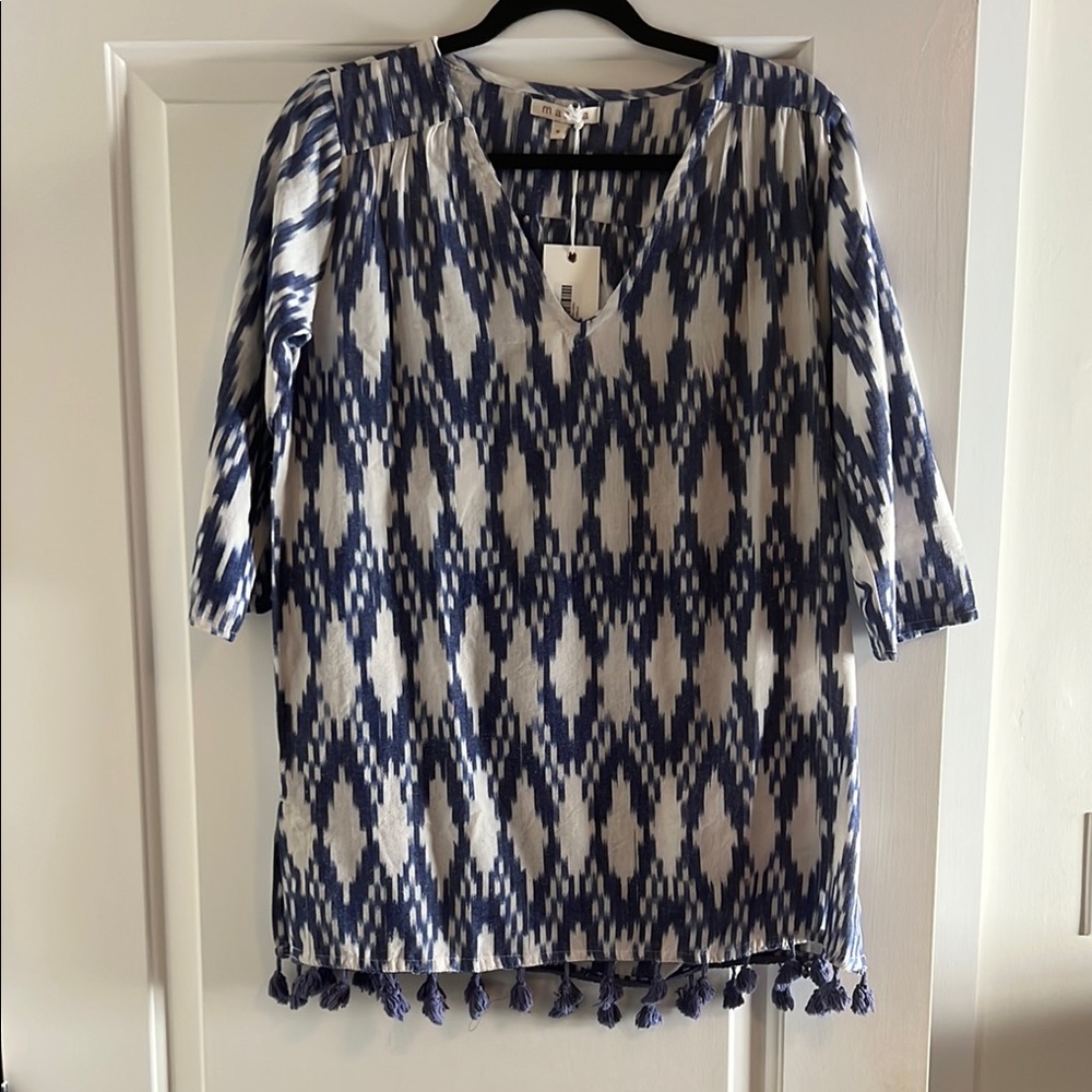 Marea, Navy and White Patterned Coverup with Tassels